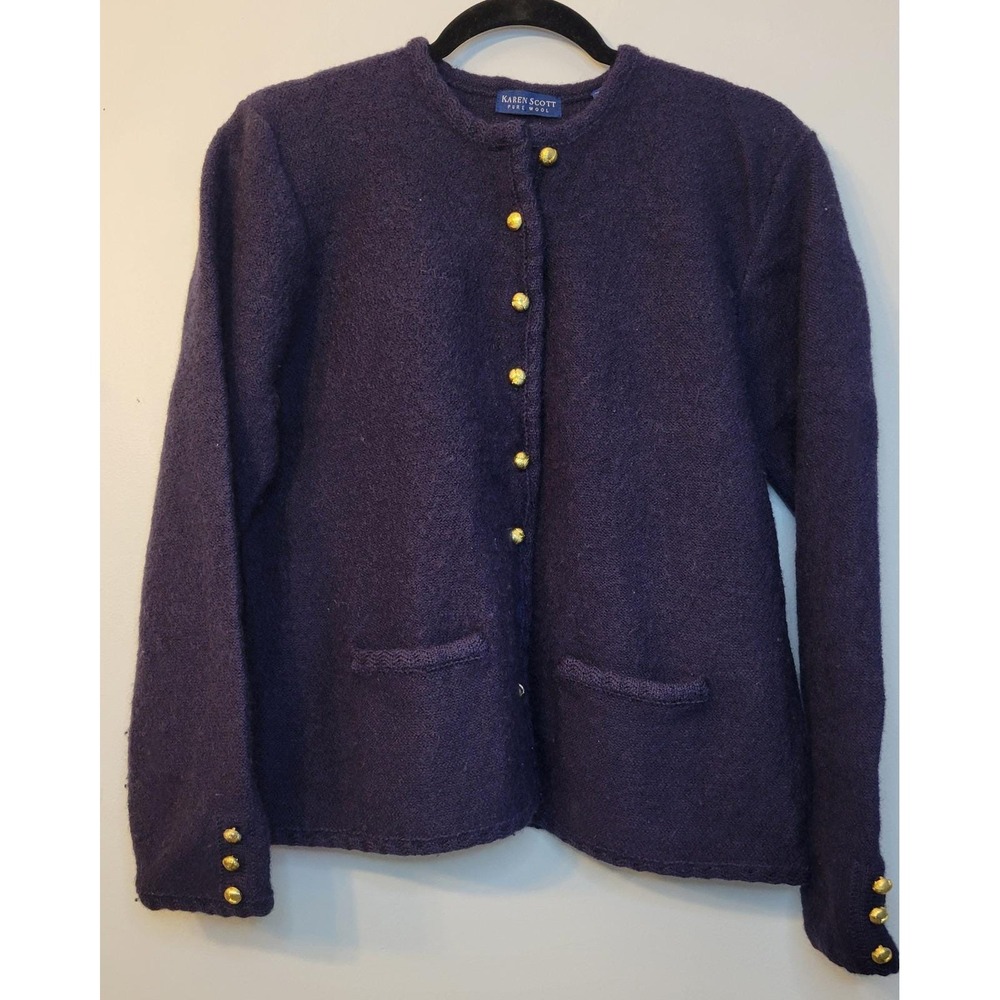 Vintage 90s Karen Scott Wool Cardigan XL Navy Blue Gold Button Made In Australia